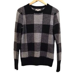 Bass Crewneck Sweater Gray & Black Plaid Checkered Knit Pullover Top Small